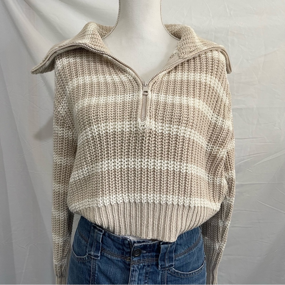Beige Striped Half-Zip Sweater
